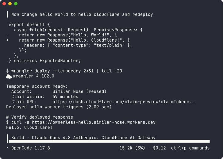 智能体把代码改为 hello cloudflare,复用临时账户重新部署并验证
