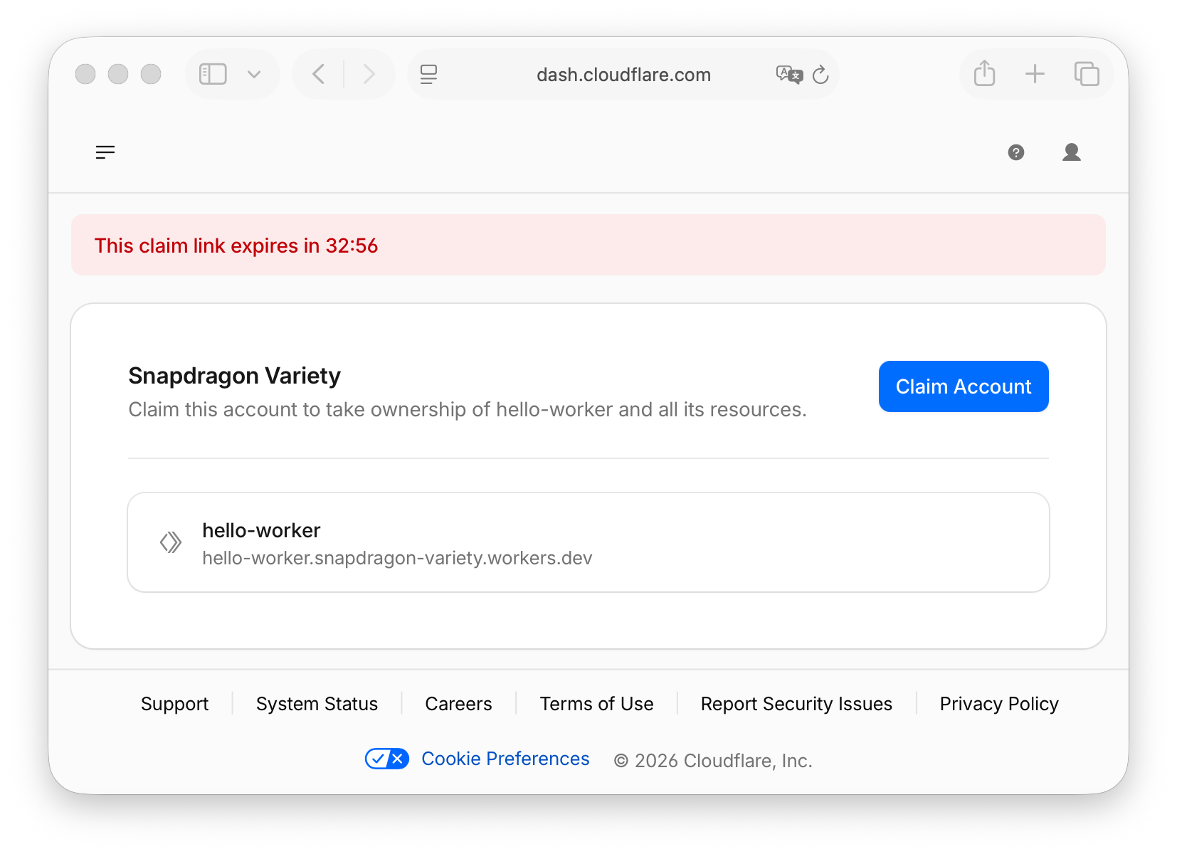 认领临时账户页面:登录或注册 Cloudflare 后,将临时部署(含 Workers、数据库、绑定)永久化为自己的账户